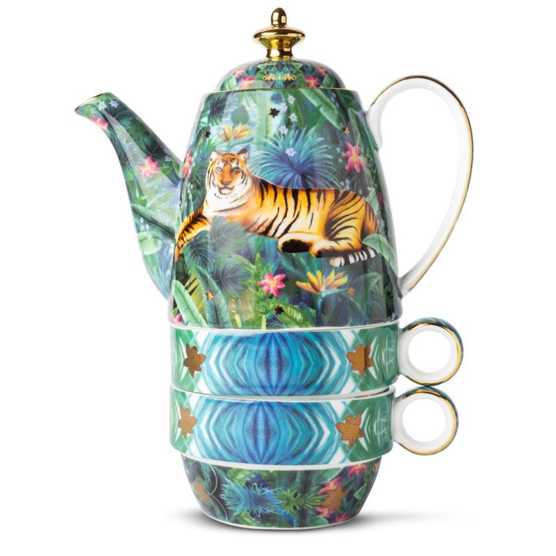 【T2 tea】Tiger's Jungle Dream Double Cup and Pot Set - ถ้วย - เครื่องลายคราม 