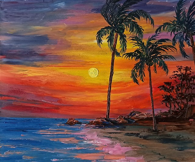 サンセットビーチ絵画海景油絵ヤシの木オリジナルアートサンセット