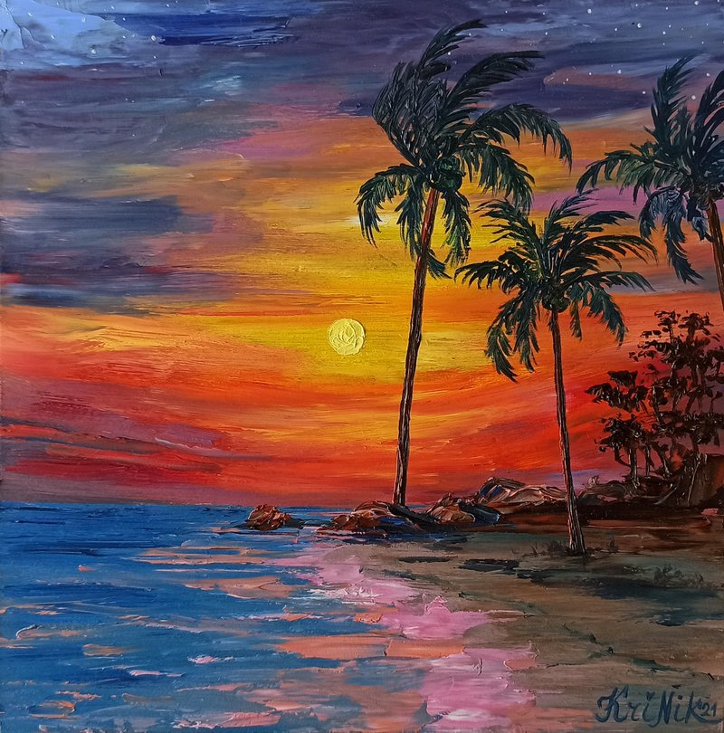 Sunset Beach Painting Seascape Oil Painting Palm Trees Original Art Sunset Sky - 海報/掛畫/掛布 - 其他材質 多色