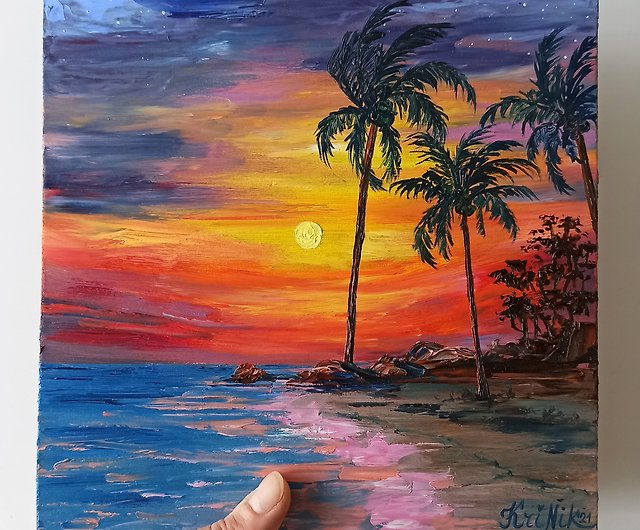 サンセットビーチ絵画海景油絵ヤシの木オリジナルアートサンセット 