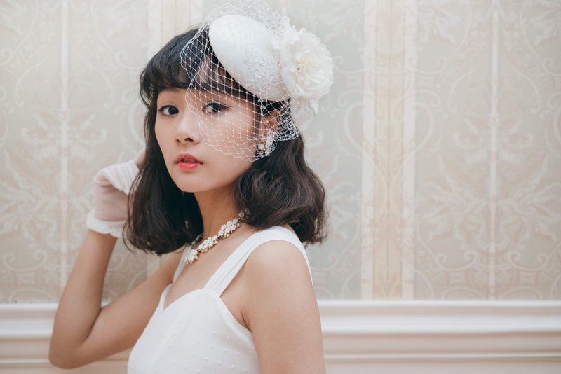 復古新娘帽子 五十年代淑女 婚紗頭飾 新娘禮帽 - 帽子 - 絲．絹 白色
