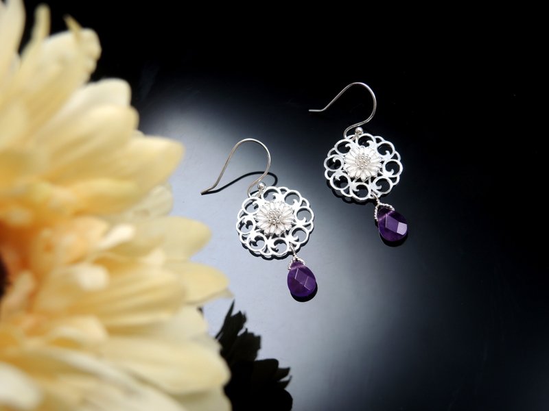 Customized Gift-Appreciation of Chrysanthemum-Classic Tanggrass Yaju Amethyst Twist 925 Sterling Silver Earrings - ต่างหู - เครื่องเพชรพลอย สีม่วง