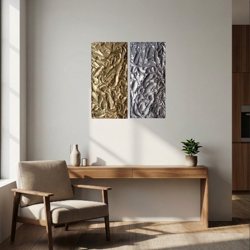 Set of 2 abstract panels Sculptural Wall Art 3D Panel Golden and silver art - ตกแต่งผนัง - วัสดุอื่นๆ หลากหลายสี
