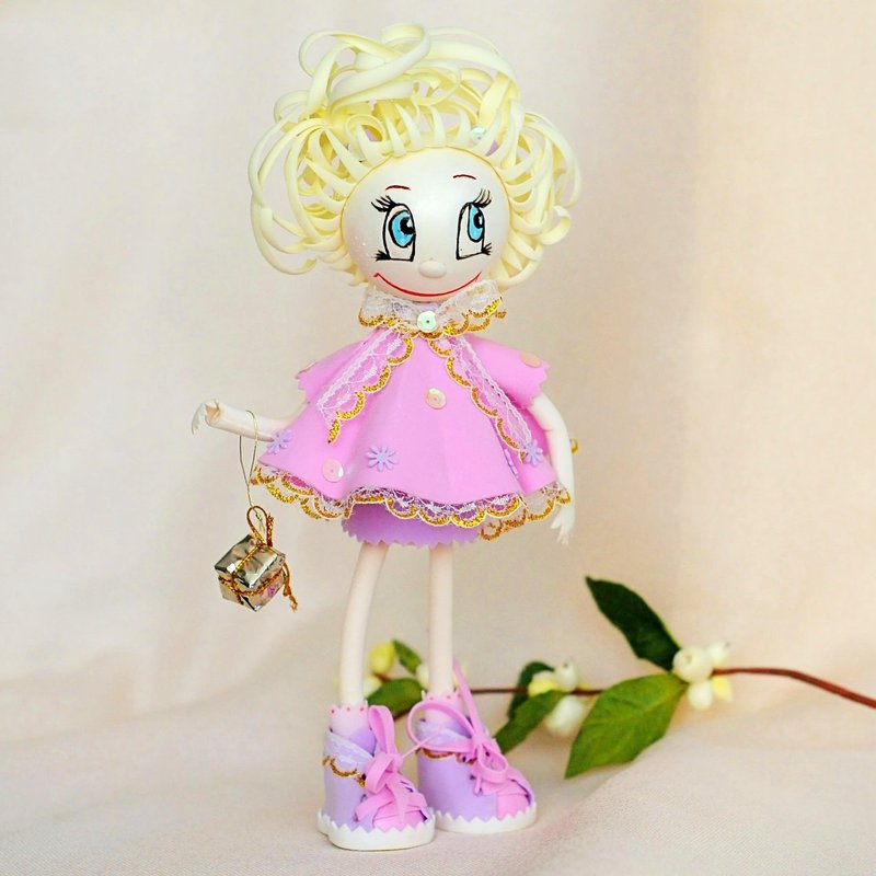 Handmade art doll in pink dress. Blue-eyed blonde doll. Doll for fun gift. - 玩偶/公仔 - 其他材質 多色
