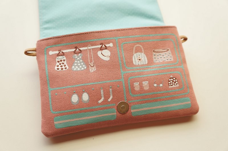 Hand-painted Japanese style wind small wardrobe / hatchback mobile phone bag (powder) cross section - กระเป๋าแมสเซนเจอร์ - ผ้าฝ้าย/ผ้าลินิน สึชมพู