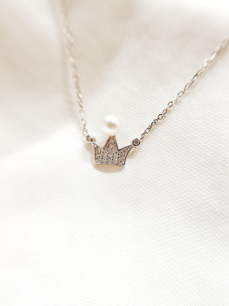 925純銀淡水珍珠鋯石皇冠項鍊 - 耳環/耳夾 - 貴金屬 