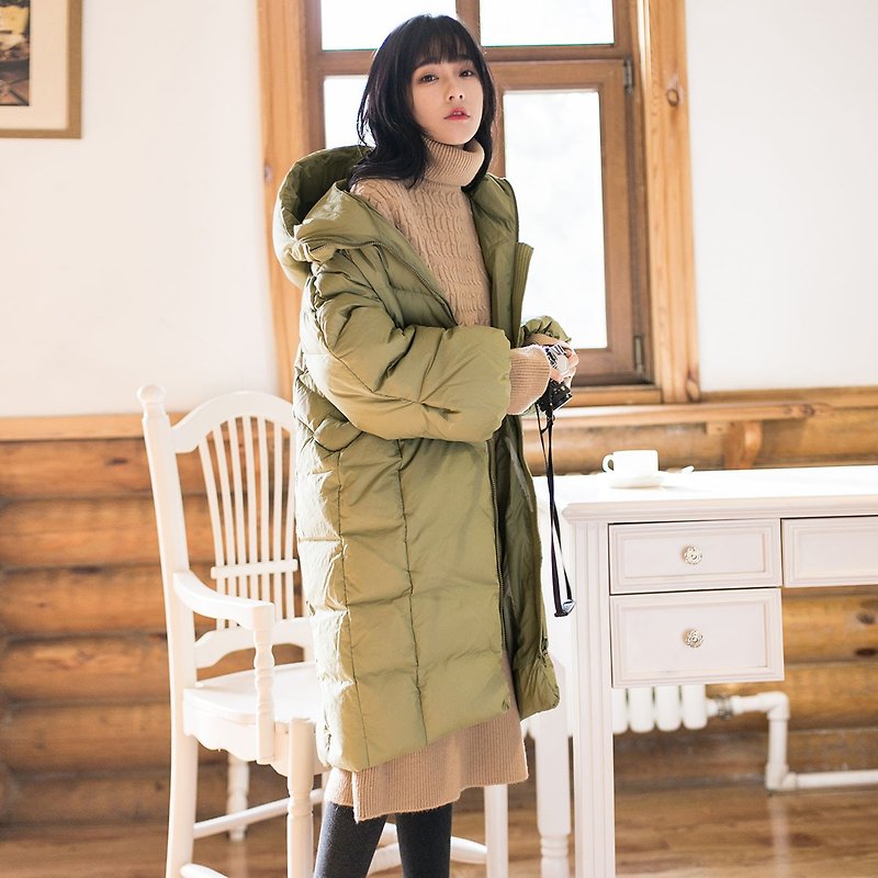 Anne Chen 2017 winter new women's solid color hooded loose down jacket - เสื้อแจ็คเก็ต - ผ้าฝ้าย/ผ้าลินิน สีเขียว