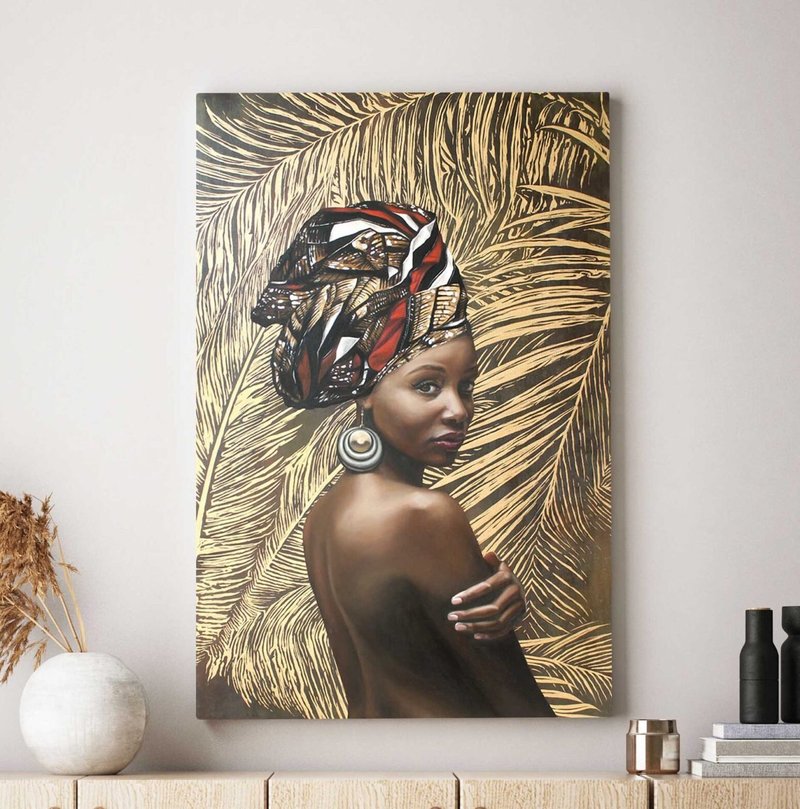 African Art | African Wall Art | Black Woman Painting | African Shawl - 壁貼/牆壁裝飾 - 棉．麻 咖啡色