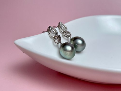 Athena珍珠設計 天然海水珍珠 孔雀綠 大溪地黑珍珠 純銀耳環