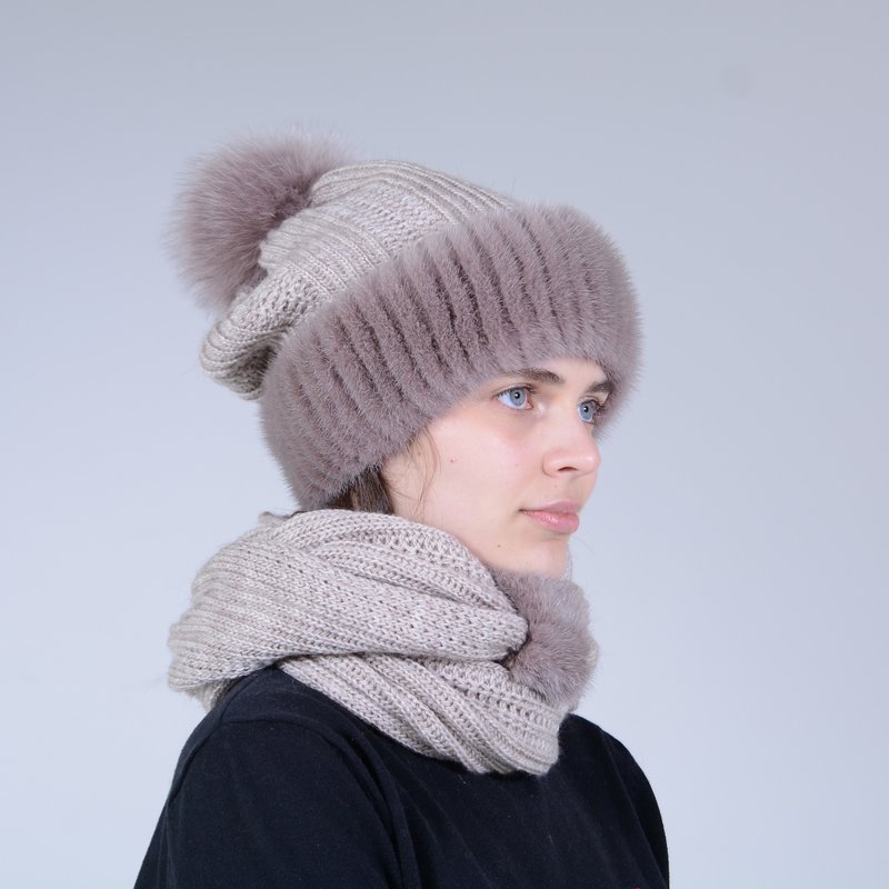 Women's Beanie Knitted Fur Set Hat + Scarf Real Mink Fur And Arctic Fox Pompom - Hats & Caps - Wool Multicolor