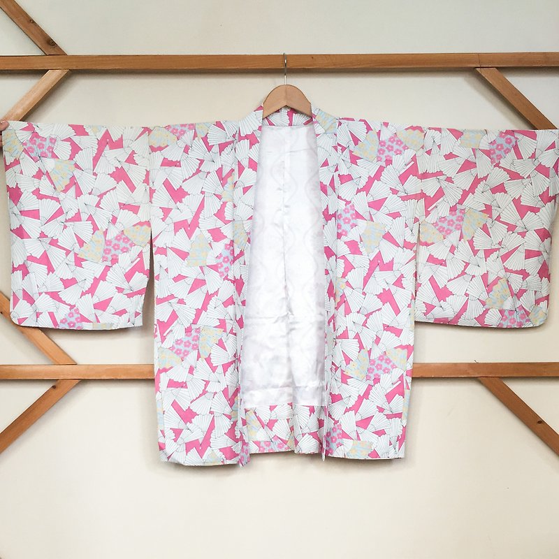 古着/繊繊ピンクファンハンドル袷羽織 - ジャケット - シルク・絹 ピンク
