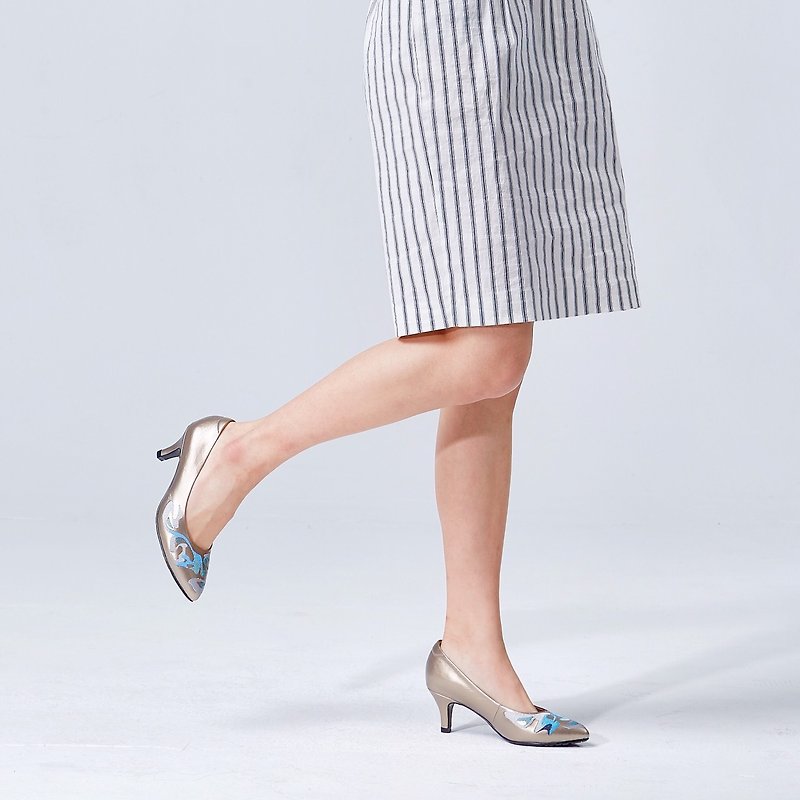 [Shimmering] embroidered pointed heel (tin) - High Heels - Genuine Leather Silver