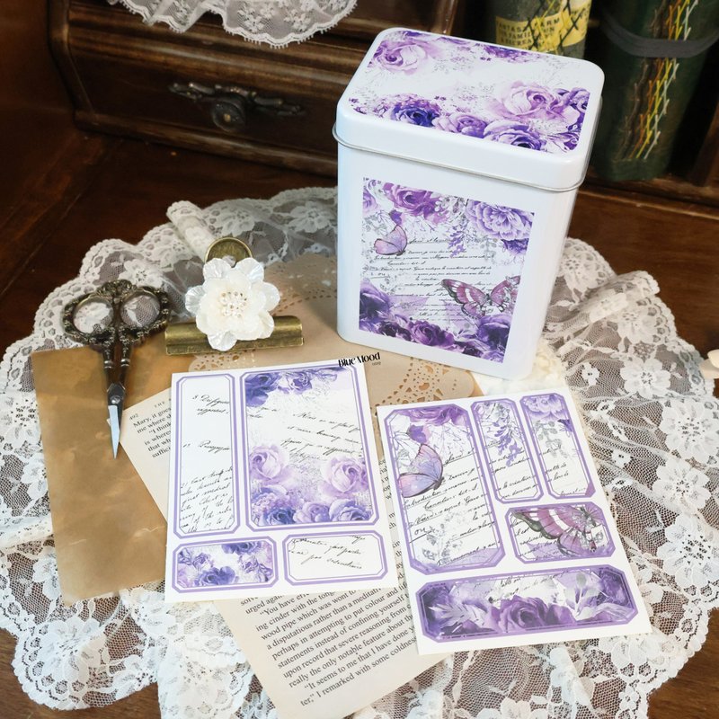 Vintage, Purple flower sticker Tin case set - 禮物盒/包裝盒 - 其他金屬 紫色