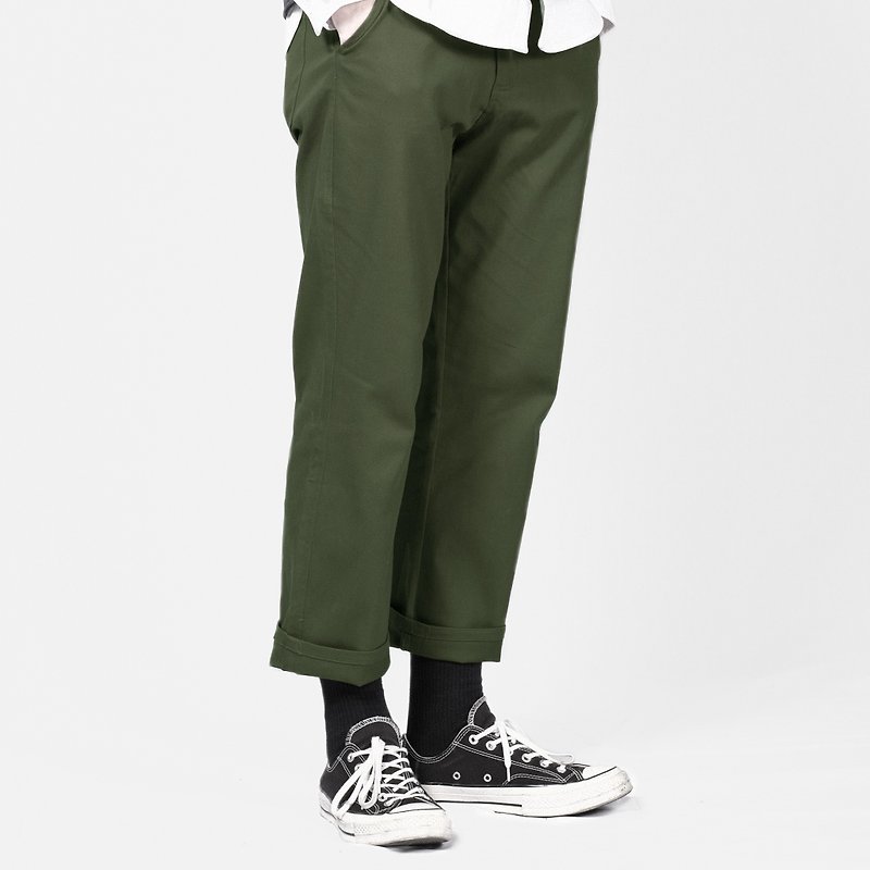 寬版九分褲 Wide Chino Pants/素色/簡約/情侶服 - 男長褲/休閒褲 - 紙 綠色