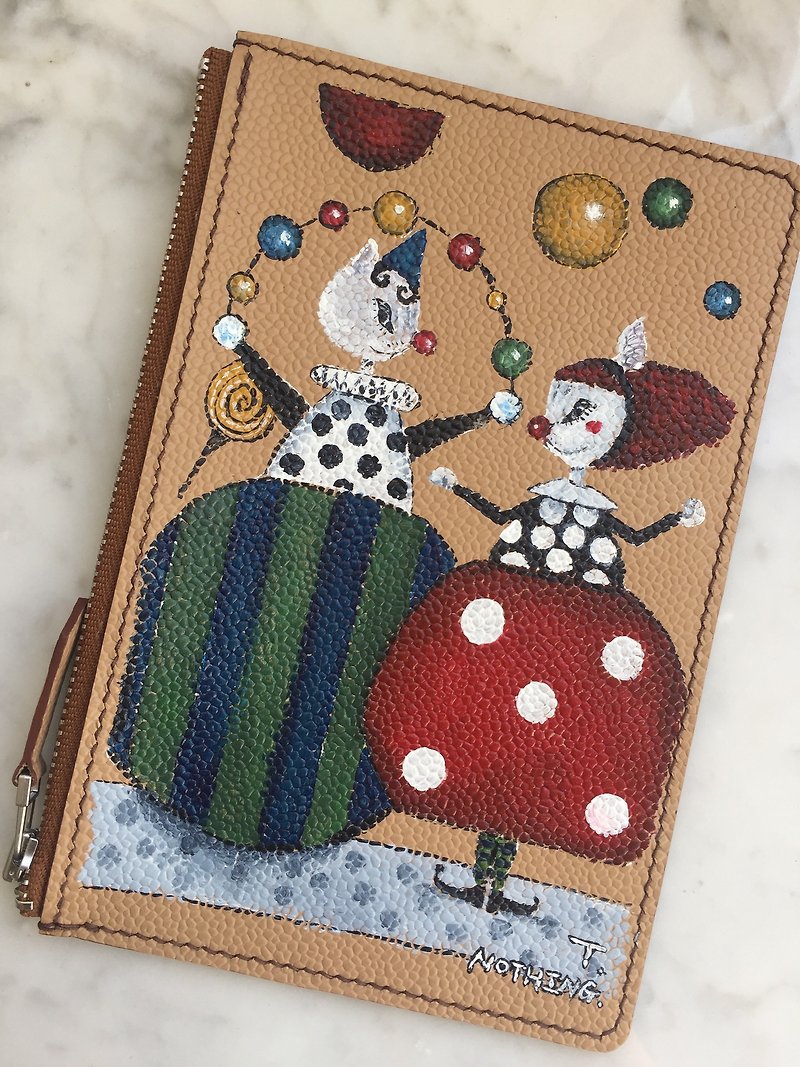 Hand-painted pattern circus cat leather coin purse | mobile phone bag | small wallet | clutch bag - กระเป๋าคลัทช์ - หนังแท้ สีนำ้ตาล