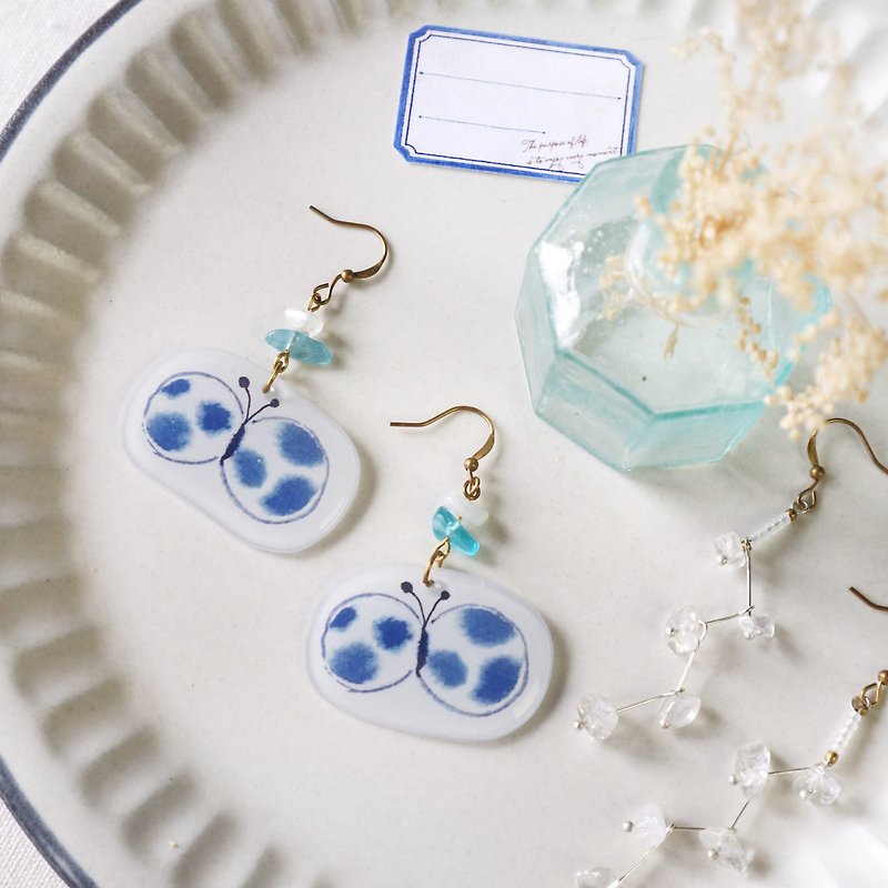 Small butterfly handmade earrings - blue sky moonstone apatite can be changed - Earrings & Clip-ons - Resin Blue