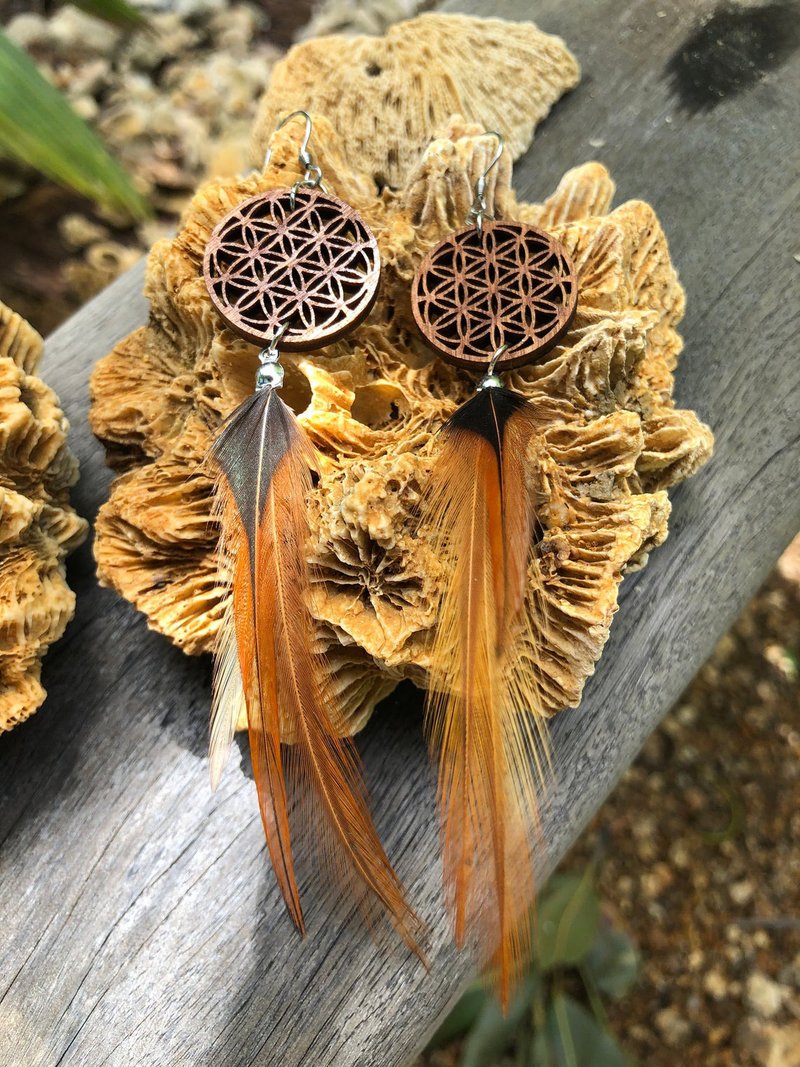 Wooden Earrings Flower of Life 7-circle - Earrings & Clip-ons - Wood Brown