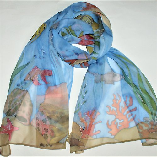 Enya 絲巾 Pure silk hand painted scarf Long blue scarf silk Sea blue silk scarf