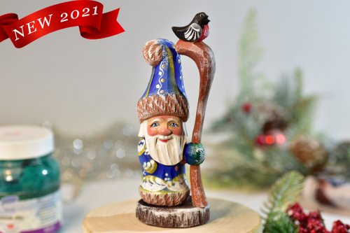 俄羅斯紀念品 帶鳥的小木人 木製聖誕老人俄羅斯紀念品 手工雕刻