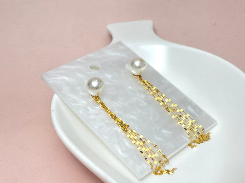 Gold tassel natural seawater pearl Japanese akoya 18k gold earrings two wear - ต่างหู - ไข่มุก ขาว