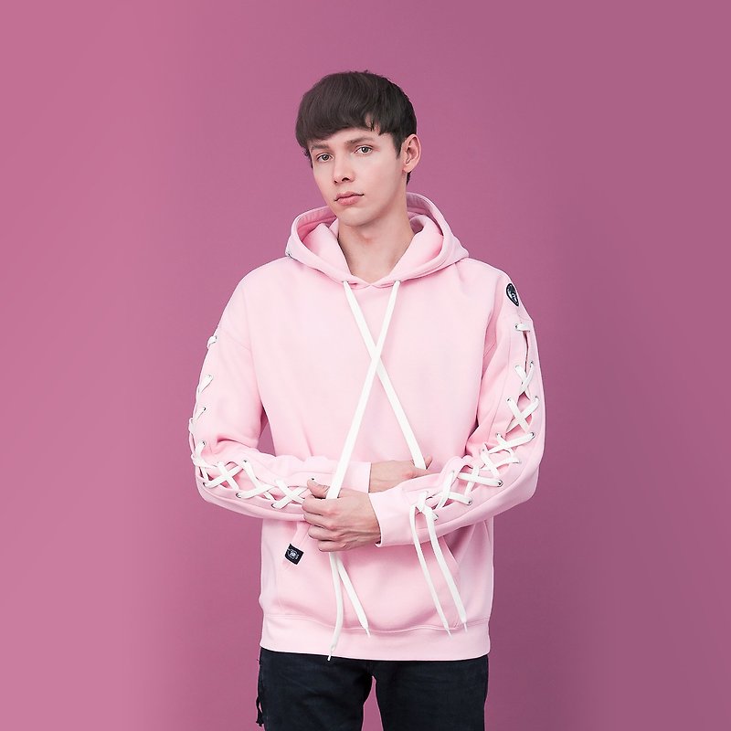 Unisex  Lace-up Sleeve Hoodie - Men's T-Shirts & Tops - Cotton & Hemp Pink