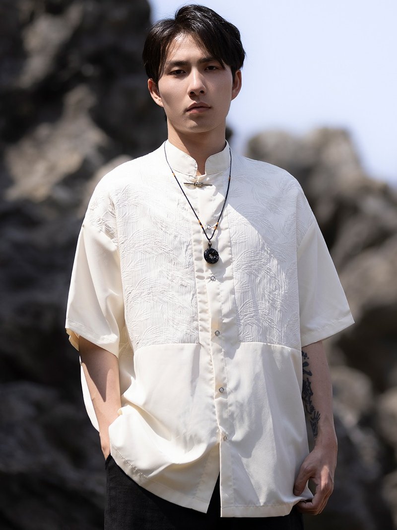 New Chinese retro stand collar very short sleeve shirt - เสื้อเชิ้ตผู้ชาย - วัสดุอื่นๆ ขาว