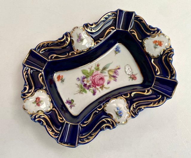 ヴィンテージ磁器灰皿 リンドナー コバルトブルー 花モチーフ