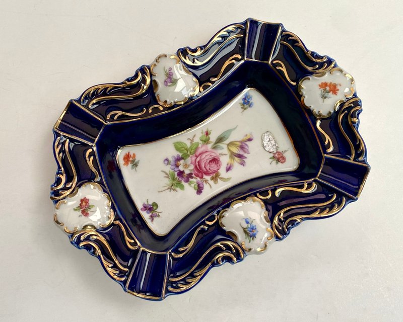 復古陶瓷煙灰缸 Lindner 鈷藍色花卉圖案德國 1970 年 - 其他 - 瓷 藍色