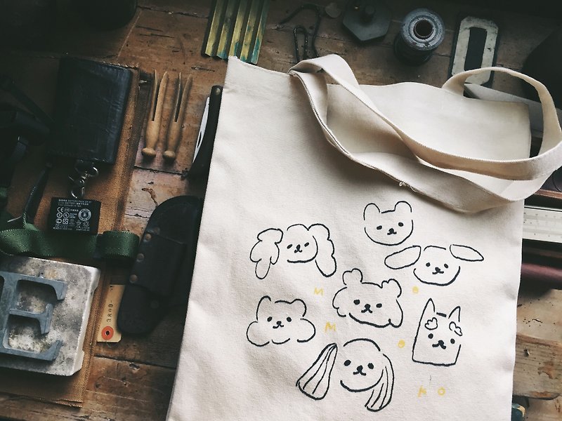 Golden puppy eco-friendly cotton canvas bag - กระเป๋าแมสเซนเจอร์ - ผ้าฝ้าย/ผ้าลินิน ขาว