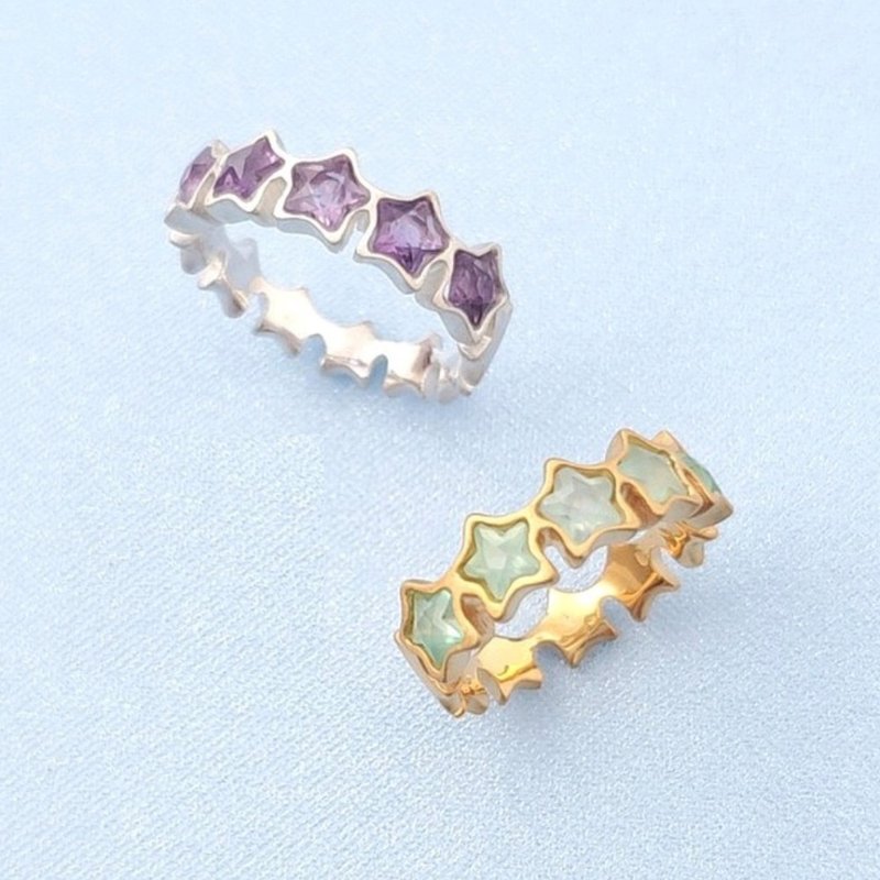 【2 types】Romantic Ring of Stars Star Cut Sea Blue Chalcedony Amethyst - General Rings - Gemstone Gold