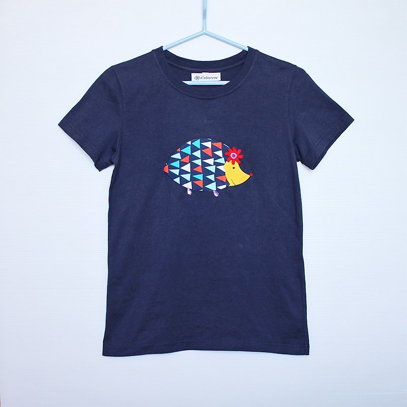 Cute little hedgehog handmade patch female waist T-shirt - เสื้อยืดผู้หญิง - ผ้าฝ้าย/ผ้าลินิน สีน้ำเงิน