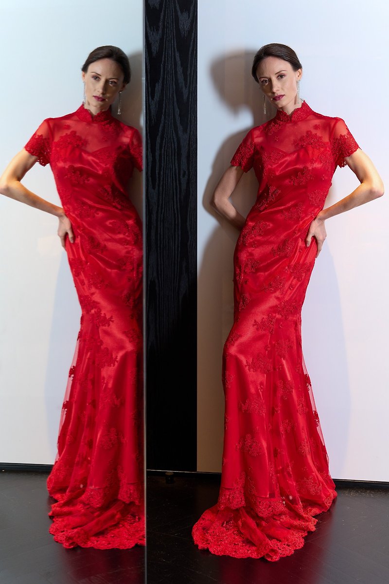 Red Chinese Wedding Dress | Modern Cheongsam | Modern Qipao | Mermaid Qipao - กี่เพ้า - วัสดุอื่นๆ สีแดง