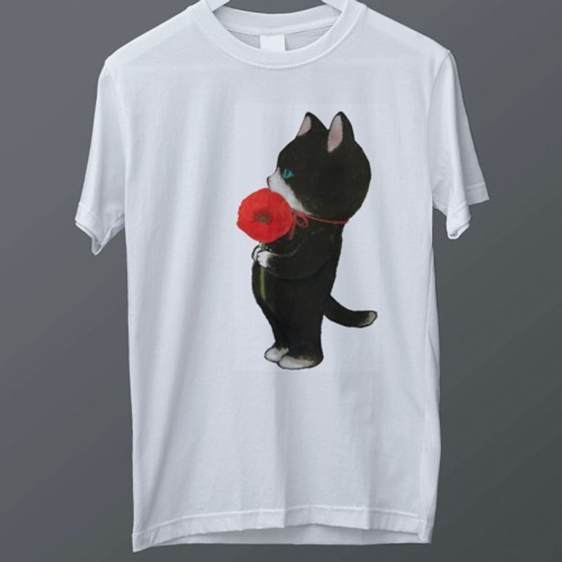雛罌粟と子猫のTシャツ(受注制作/ユニセックスS〜XXL) - 女上衣/長袖上衣 - 棉．麻 白色