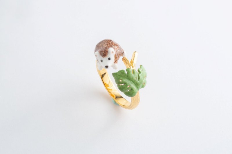 刺蝟葉子手工琺瑯戒指~Hedgehog Ring - 戒指 - 銅/黃銅 