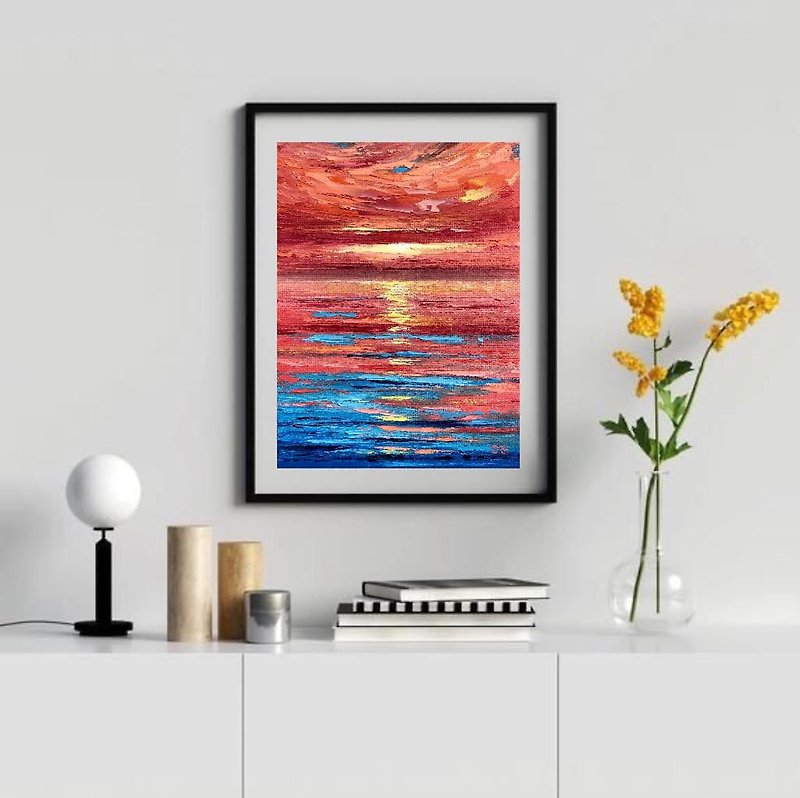 Original Red Seascape Sky Ocean Landscape Sunset Sunrise Oil Painting On Canvas - Wall Décor - Cotton & Hemp Multicolor