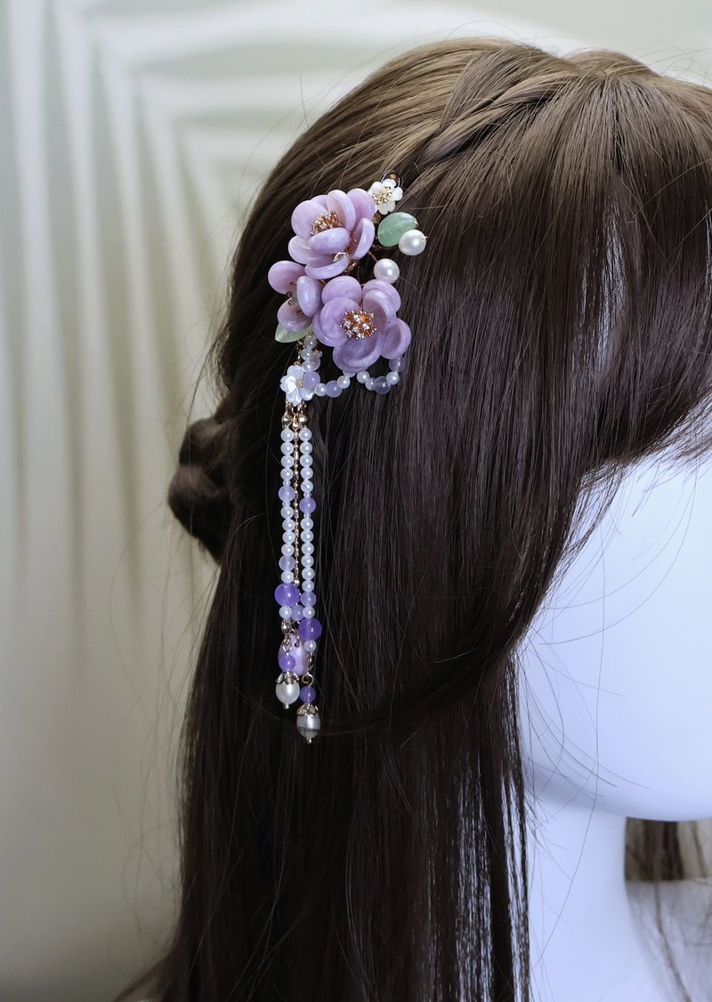 Lemon handmade hair accessories, natural topaz/kunzite jasmine pearl hairpin/hai - เครื่องประดับผม - กระจกลาย สีม่วง