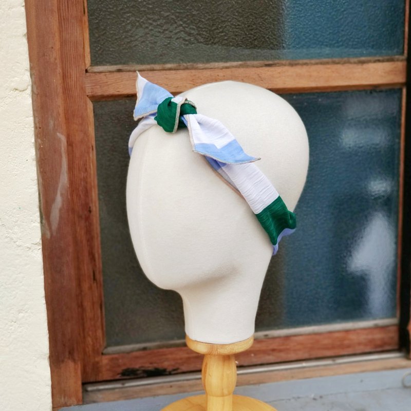 小牛村 手工 鋁線髮帶 簡約百搭 條紋【天藍綠地】 - 髮夾/髮圈 - 棉．麻 白色