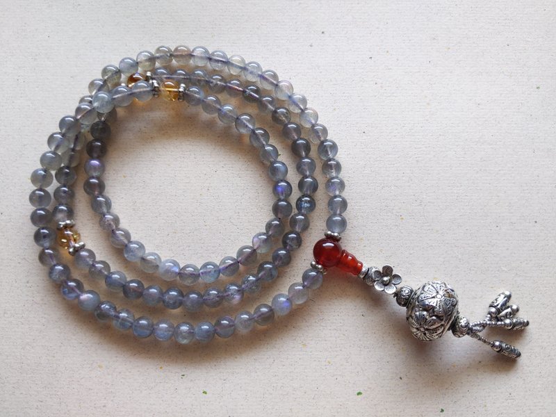 ORLI Jewelry 天然拉長石108顆念珠 紫暈拉長石108顆佛珠 老銀 - 項鍊 - 水晶 灰色