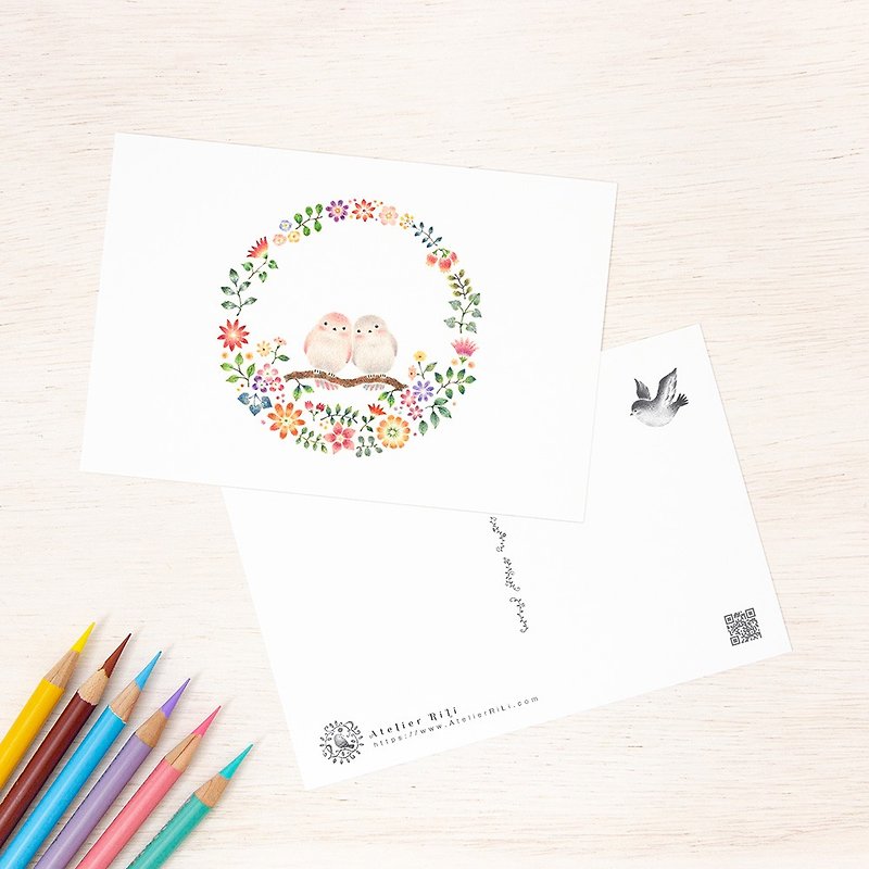 Set of 5 pieces. Like a picture book. Postcard "Happy Birds and Flowers" PC-112 - Cards & Postcards - Paper Pink