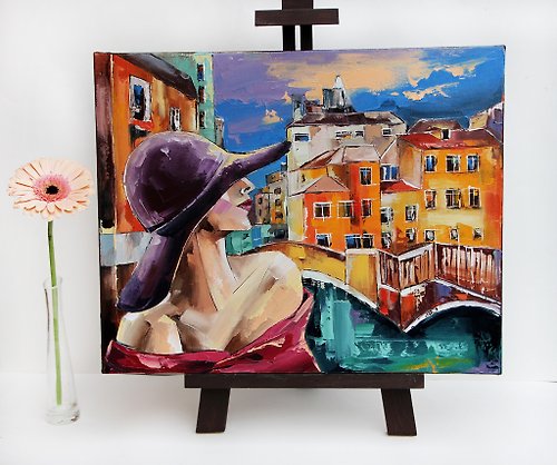 ARTbyAnnaSt Venice Painting City Original Art Woman Hat Artwork Urban Landscape Oil Wall Art