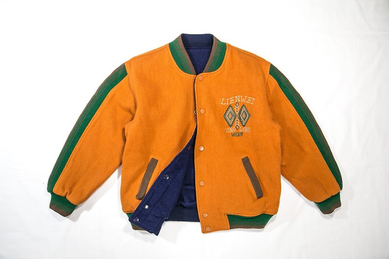 [3thclub Ming Ren Tang] retro national wind pattern baseball jacket wool double-sided outfit BSE-005 vintage Japanese - เสื้อแจ็คเก็ต - ผ้าฝ้าย/ผ้าลินิน สีส้ม