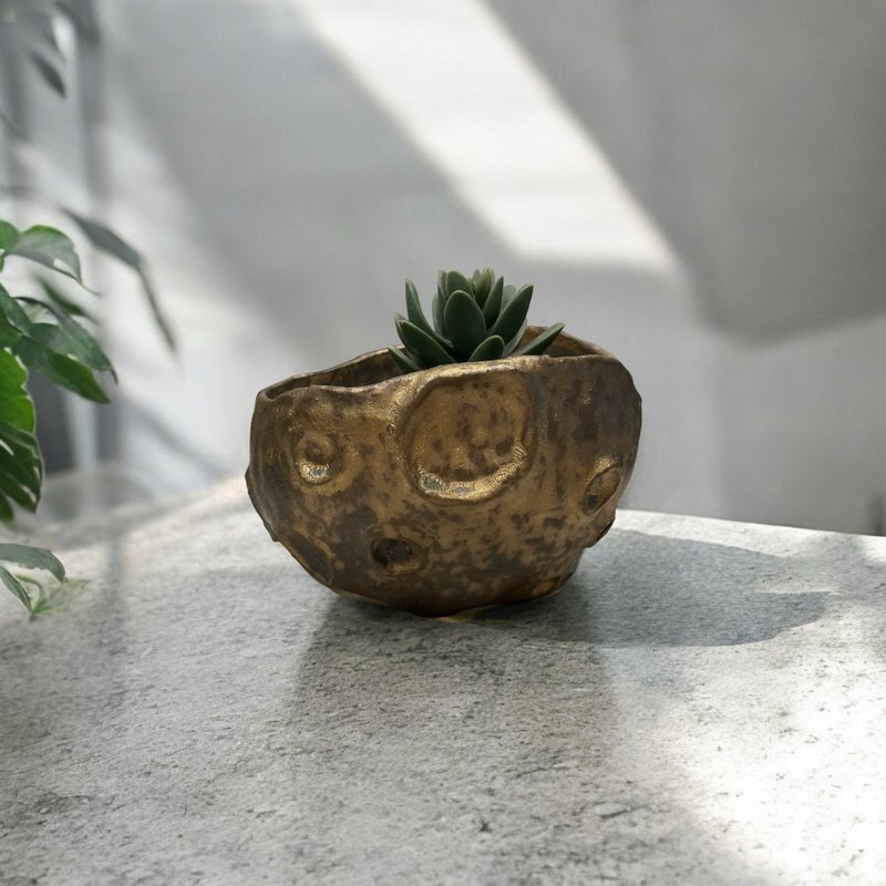 【カク Pottery】Moon Pot Moon Night Gold Pot Flower Pot Flower Vase Root - ตกแต่งต้นไม้ - ดินเผา สีทอง