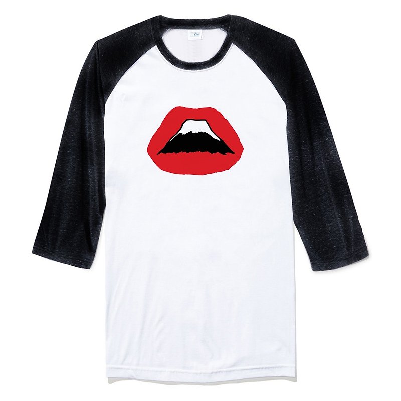 Lips Mt Fuji unisex 3/4 sleeve white/black t shirt - เสื้อยืดผู้ชาย - ผ้าฝ้าย/ผ้าลินิน ขาว