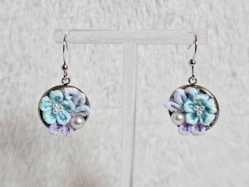 Purple and Blue Marquetry Flower Earrings - Earrings & Clip-ons - Silk Blue