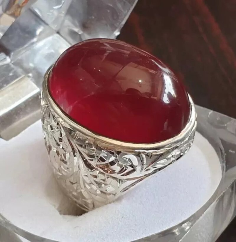 Mens Yemeni Aqeeq Ring Red Big Yamni Agate Ring For Men Natural Big Oval Agate - 戒指 - 寶石 紅色