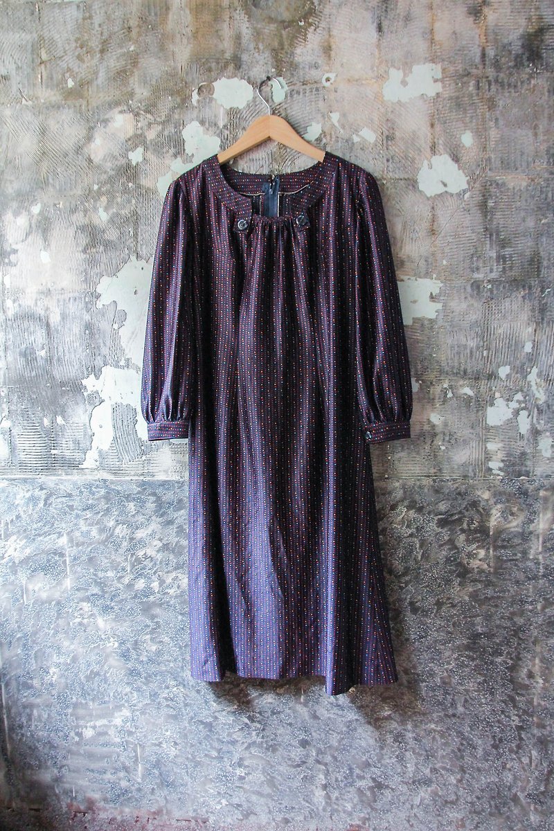 裊裊百貨公司-Vintage 彩色方點布花長袖洋裝  復古著 - 洋裝/連身裙 - 聚酯纖維 