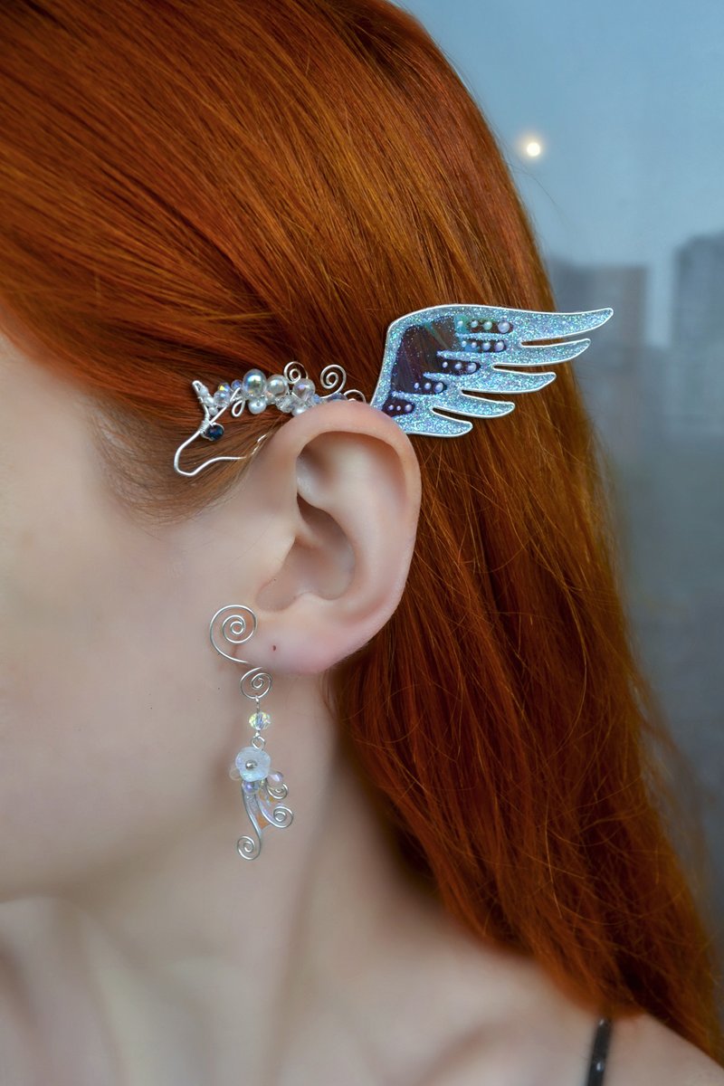 Unicorn ear cuff no piercing, Pegasus earring - ต่างหู - ทองแดงทองเหลือง ขาว