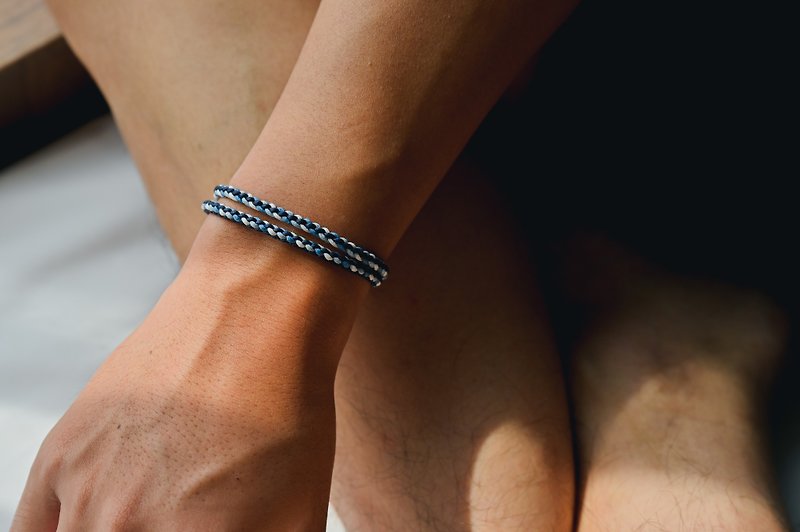 Bocheng | Dark blue six-strand double-loop Wax rope braided bracelet - Bracelets - Cotton & Hemp Blue
