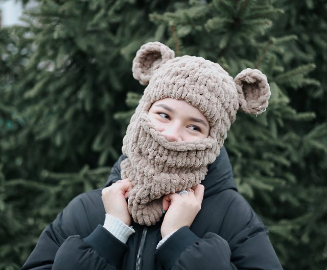 Winter Plush Bear Ear Hat And Balaclava Set With Ears, Warm Scarf