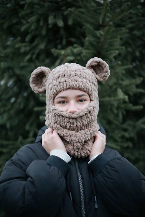 Hand knitted cute warm original balaclava hat with ears Bear ski mask